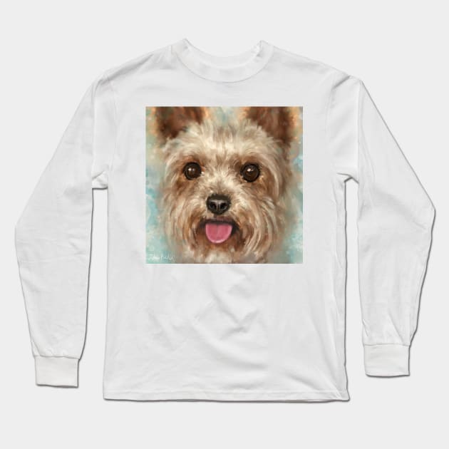 Painting of a Furry Yorkshire Terrier with Its Tongue Out on Cloudy Background Long Sleeve T-Shirt by ibadishi